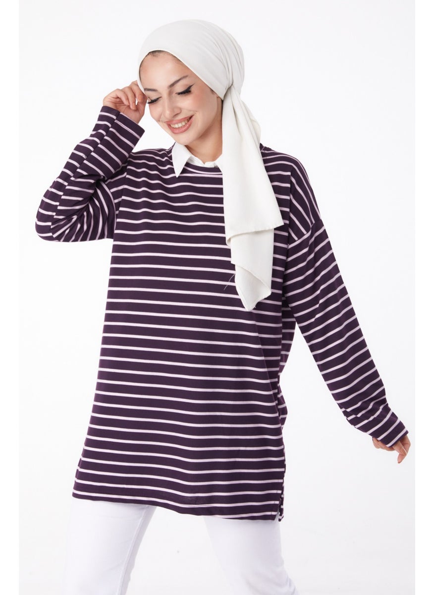 Plain Crew Neck Women's Purple Striped Sweat - 26247