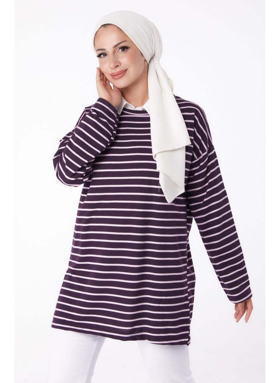 Plain Crew Neck Women's Purple Striped Sweat - 26247