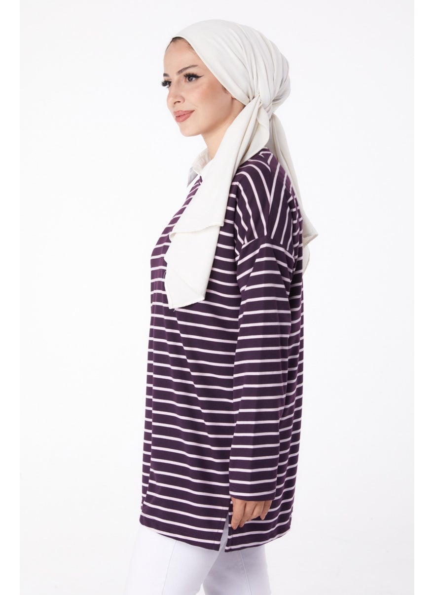 Plain Crew Neck Women's Purple Striped Sweat - 26247