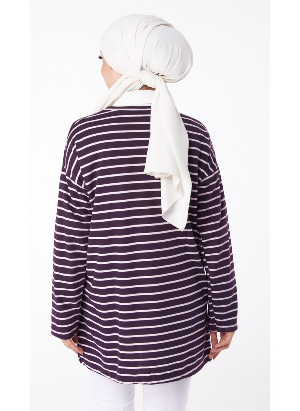 Plain Crew Neck Women's Purple Striped Sweat - 26247