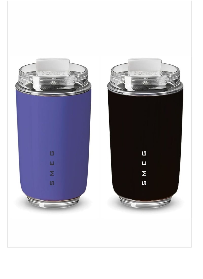 Travel Mug, Insulated Coffee Tumbler, Leak Proof Stainless Steel Thermal Reusable Coffee Cup, Lightweight And Portable Drink Container For Office Traveling, (Pack Of 2pcs, 350ML, Purple And Black)
