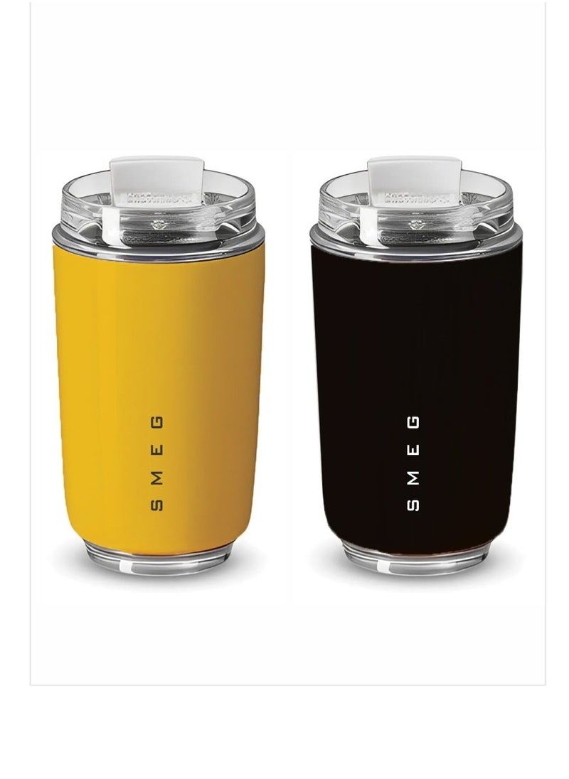 Travel Mug, Insulated Coffee Tumbler, Leak Proof Stainless Steel Thermal Reusable Coffee Cup, Lightweight And Portable Drink Container For Office Traveling, (Pack Of 2pcs, 350ML, Yellow And Black)