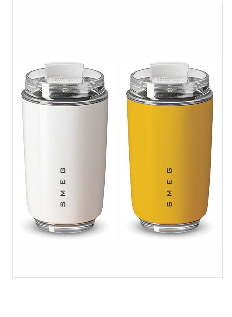 Travel Mug, Insulated Coffee Tumbler, Leak Proof Stainless Steel Thermal Reusable Coffee Cup, Lightweight And Portable Drink Container For Office Traveling, (Pack Of 2pcs, 350ML, White And Yellow)