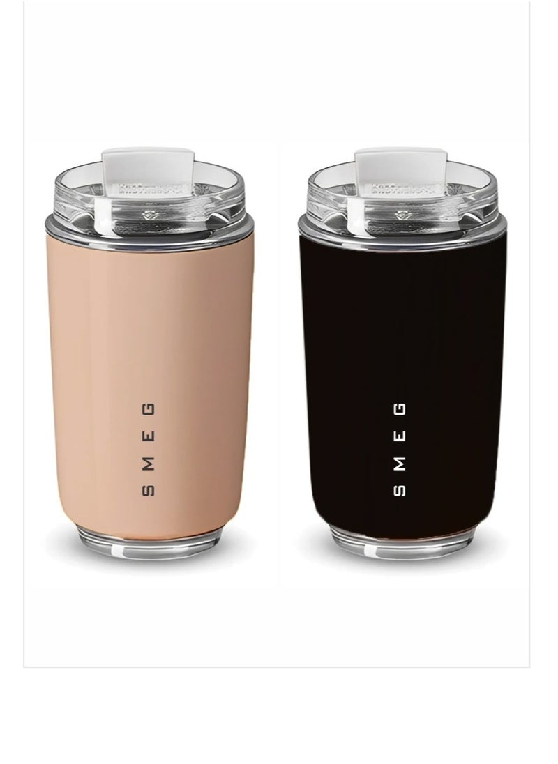 Travel Mug, Insulated Coffee Tumbler, Leak Proof Stainless Steel Thermal Reusable Coffee Cup, Lightweight And Portable Drink Container For Office Traveling, (Pack Of 2pcs, 350ML, Pink And Black)