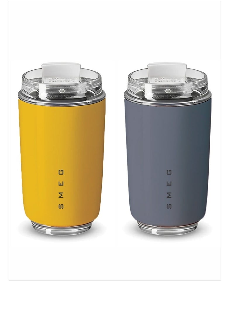 Travel Mug, Insulated Coffee Tumbler, Leak Proof Stainless Steel Thermal Reusable Coffee Cup, Lightweight And Portable Drink Container For Office Traveling, (Pack Of 2pcs, 350ML, Yellow And Grey)