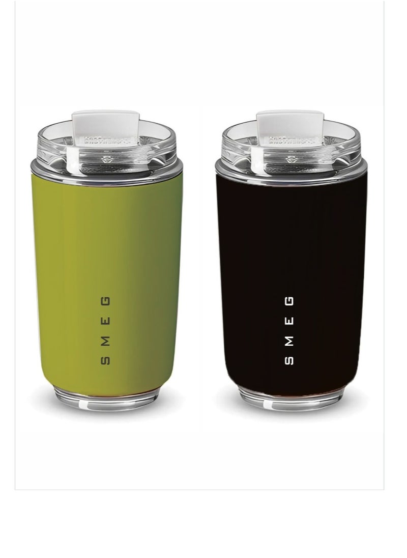 Travel Mug, Insulated Coffee Tumbler, Leak Proof Stainless Steel Thermal Reusable Coffee Cup, Lightweight And Portable Drink Container For Office Traveling, (Pack Of 2pcs, 350ML, Green And Black)