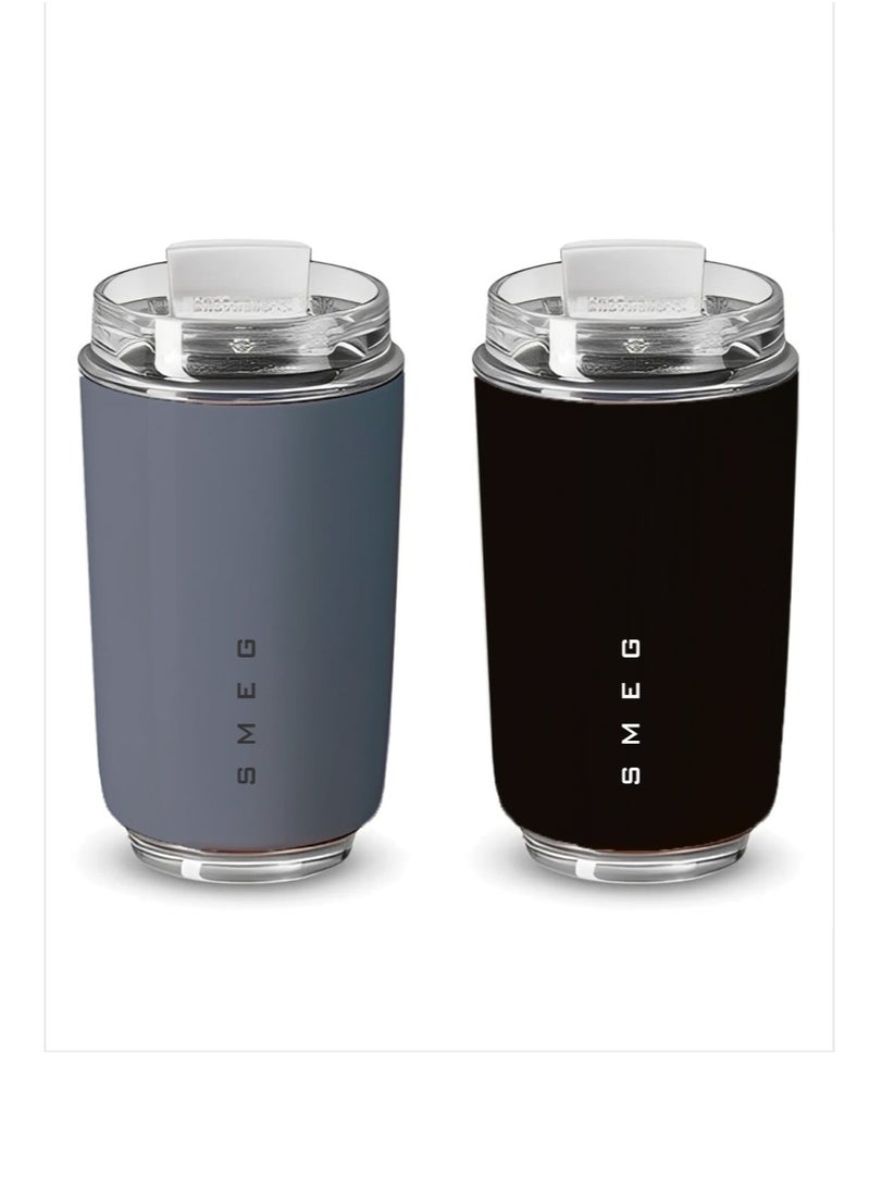 Travel Mug, Insulated Coffee Tumbler, Leak Proof Stainless Steel Thermal Reusable Coffee Cup, Lightweight And Portable Drink Container For Office Traveling, (Pack Of 2pcs, 350ML, Black And Grey)