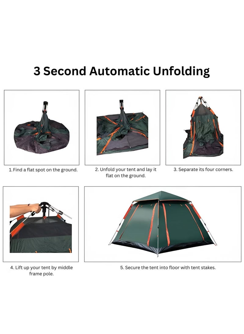 Camping Tent 4 Person Automatic Instant Pop-Up Tent Lightweight Portable Tent Outdoor Camping Waterproof Windproof Camping Tent Removable Cover and Mesh Windows 2 Doors with Carry Bag