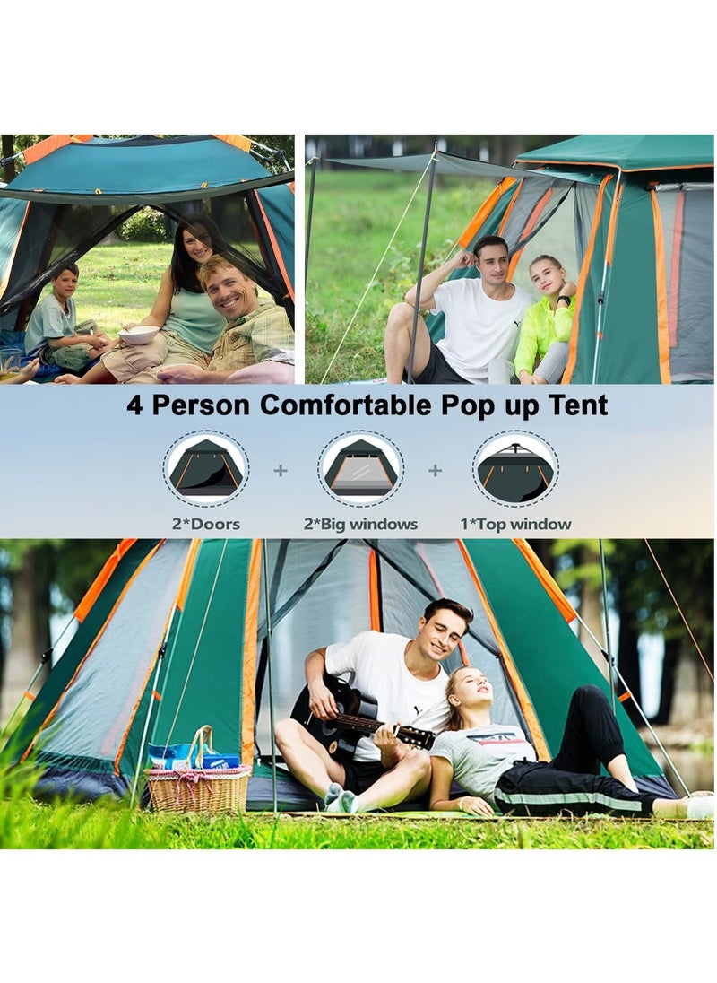 Camping Tent 4 Person Automatic Instant Pop-Up Tent Lightweight Portable Tent Outdoor Camping Waterproof Windproof Camping Tent Removable Cover and Mesh Windows 2 Doors with Carry Bag
