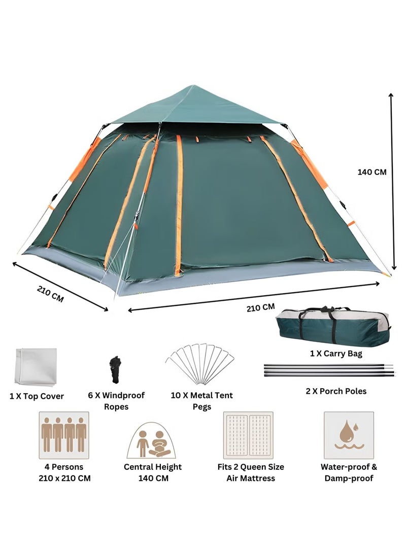 Camping Tent 4 Person Automatic Instant Pop-Up Tent Lightweight Portable Tent Outdoor Camping Waterproof Windproof Camping Tent Removable Cover and Mesh Windows 2 Doors with Carry Bag