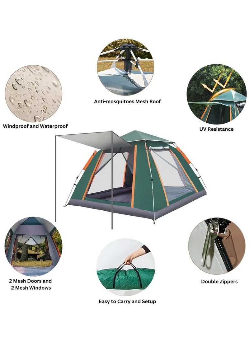 Camping Tent 4 Person Automatic Instant Pop-Up Tent Lightweight Portable Tent Outdoor Camping Waterproof Windproof Camping Tent Removable Cover and Mesh Windows 2 Doors with Carry Bag