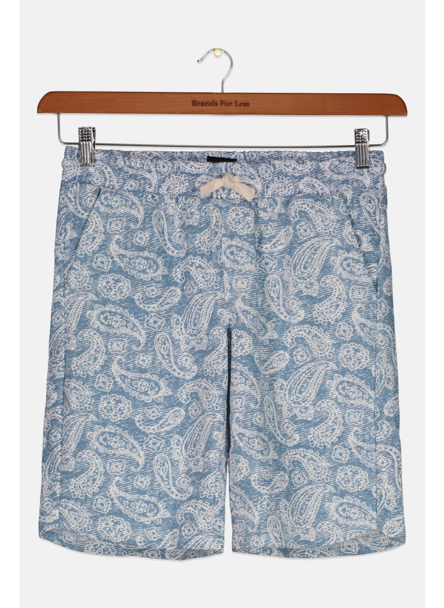 Kids Boy Paisley Pattern Drawstring Jogger Shorts, Lite Blue /White