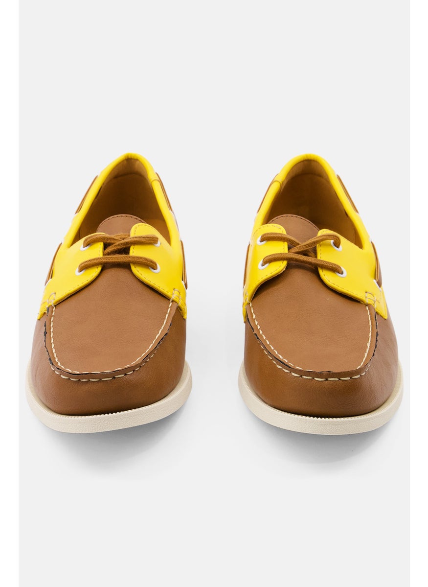 Men Lace Up Boat Shoes, Tan/Yellow