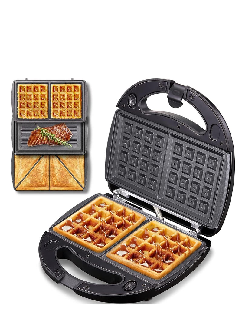 Yabano 3-in-1 Sandwich Toaster, Waffle Maker & Panini Grill, Non-Stick Plates, 800W, Dishwasher Safe