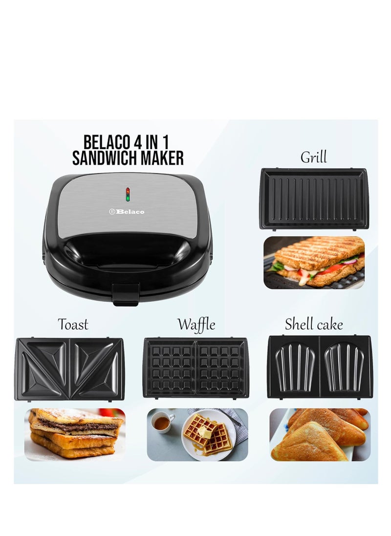 Belaco 4-in-1 Sandwich Maker, Non-Stick Plates, Panini & Waffle Maker, Easy Clean, Detachable, Temperature Control