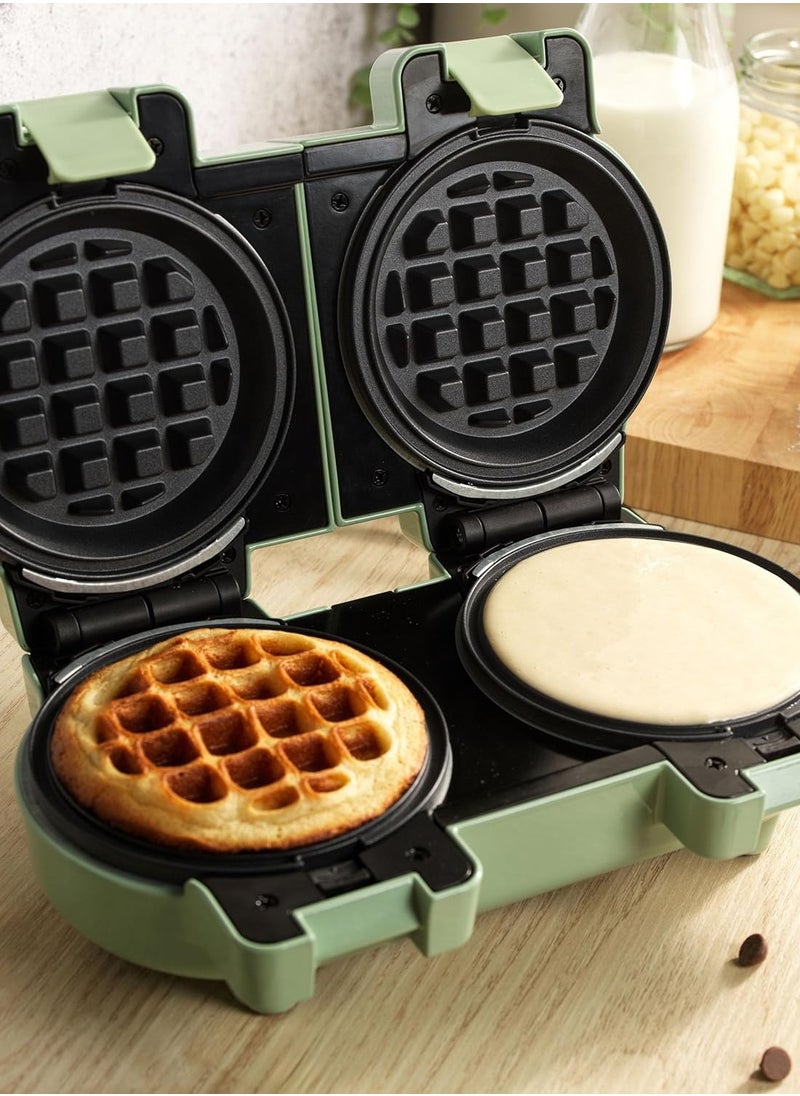 Double Mini Waffle Maker, Non-Stick Plates, 11.5cm, 1100W, Pastel Green – American Style Waffles