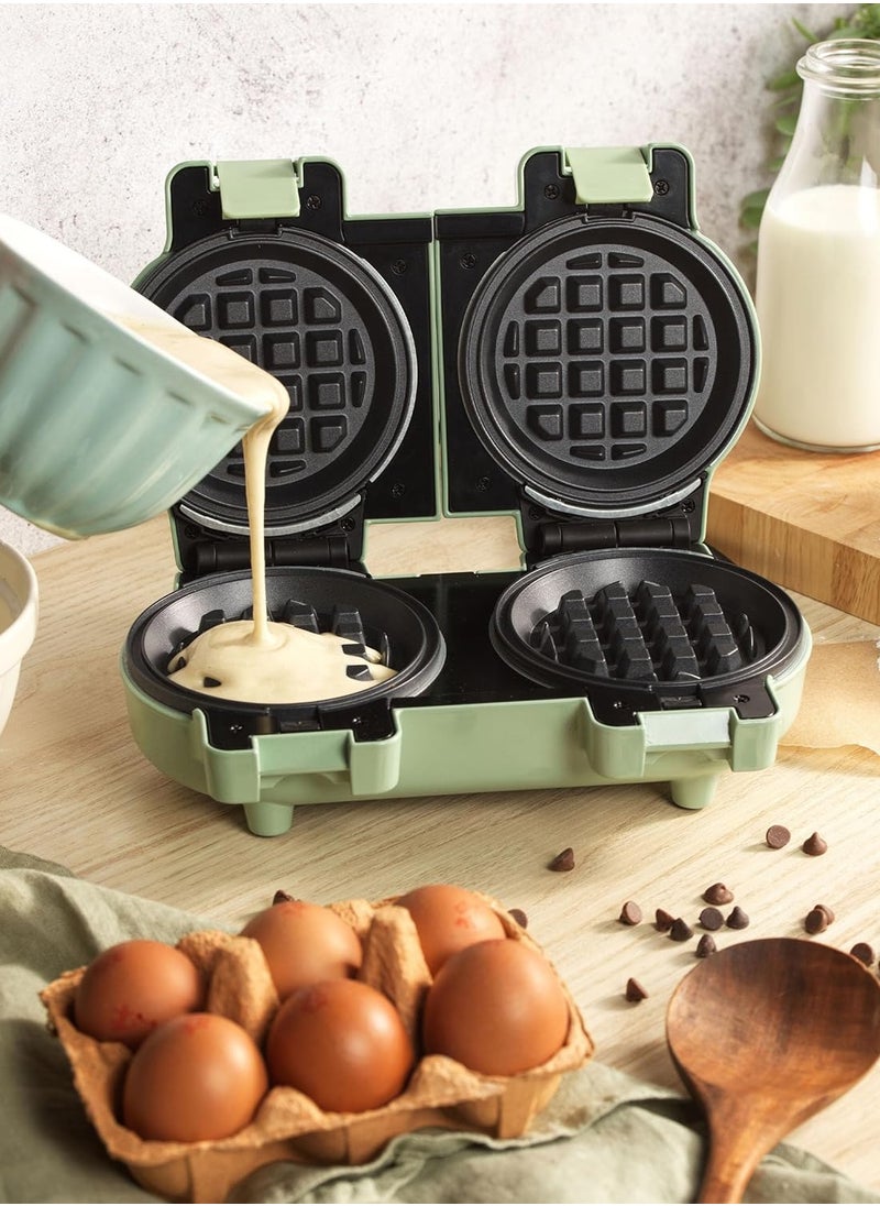 Double Mini Waffle Maker, Non-Stick Plates, 11.5cm, 1100W, Pastel Green – American Style Waffles