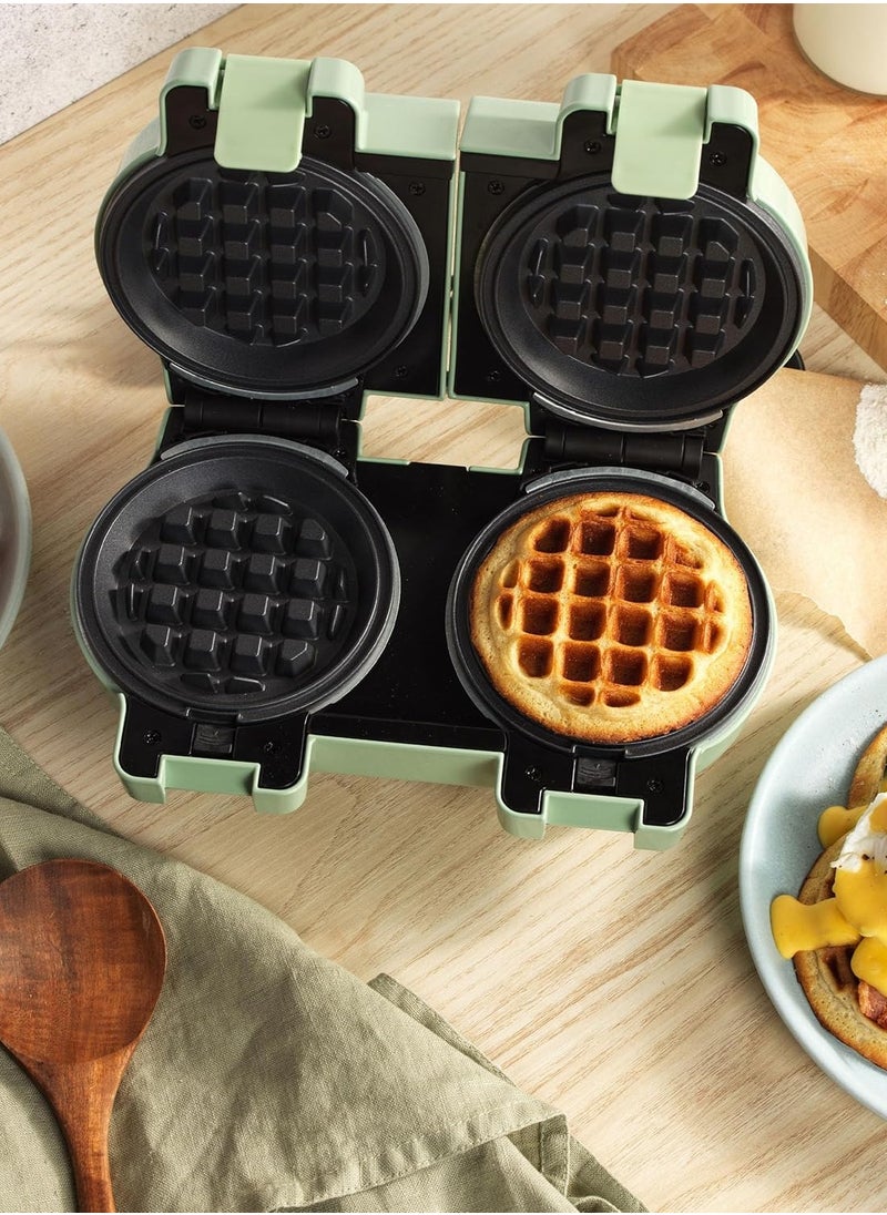 Double Mini Waffle Maker, Non-Stick Plates, 11.5cm, 1100W, Pastel Green – American Style Waffles