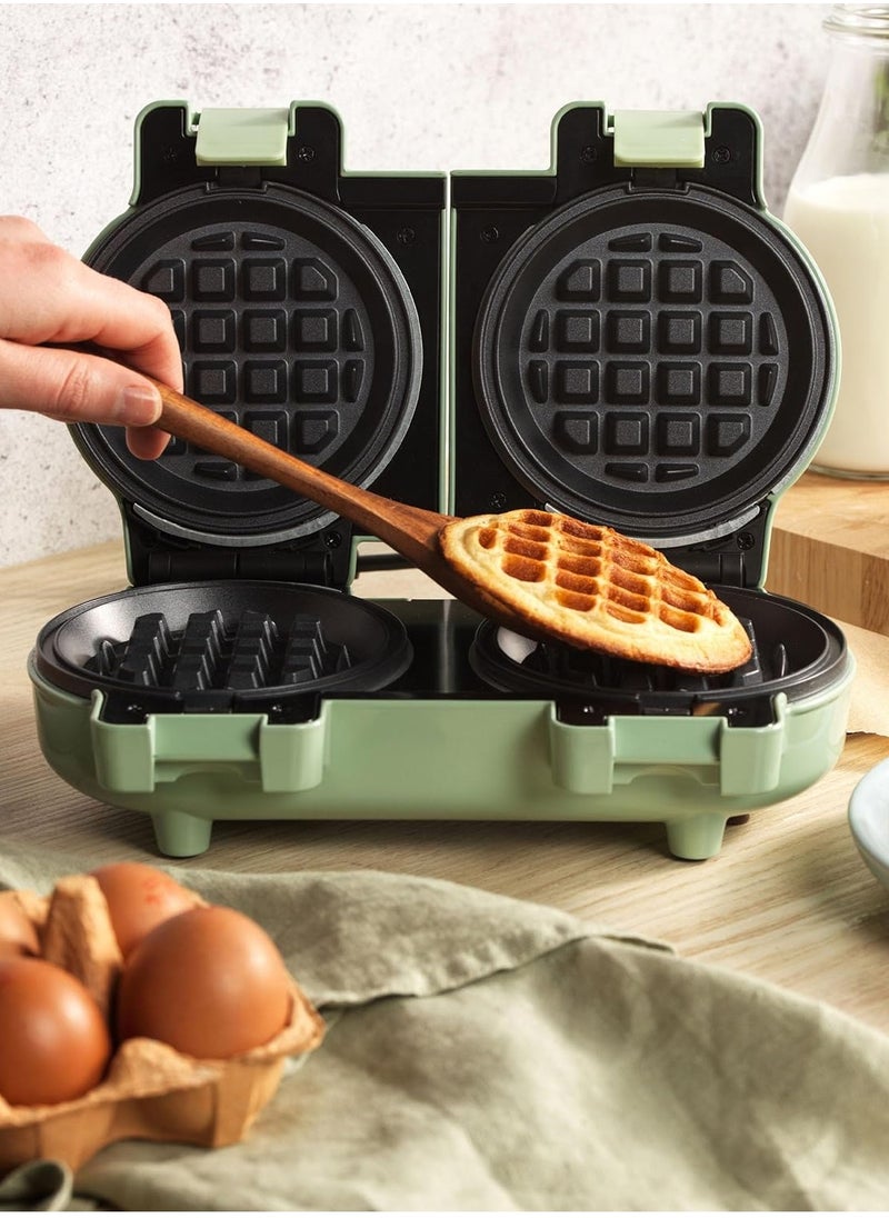 Double Mini Waffle Maker, Non-Stick Plates, 11.5cm, 1100W, Pastel Green – American Style Waffles