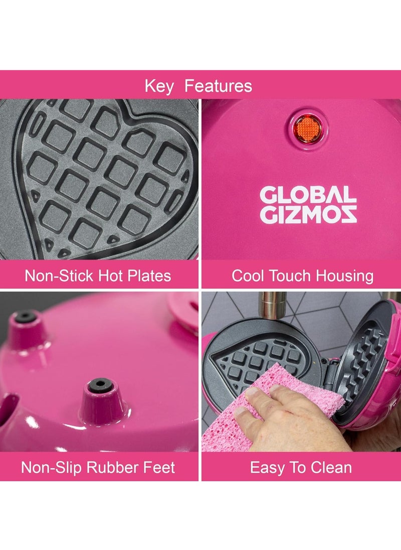 Global Gizmos Mini Heart Waffle Maker – Non-Stick Plate, Cool Touch Handles, 550W Power, Compact Design