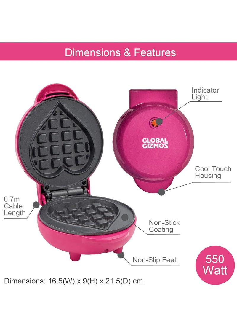 Global Gizmos Mini Heart Waffle Maker – Non-Stick Plate, Cool Touch Handles, 550W Power, Compact Design