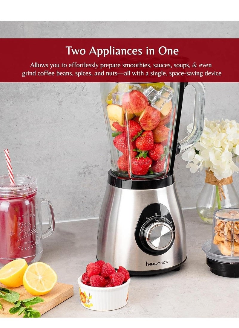 Kitchen Pro 1.5L Speed Blender – 500W, 5-Speed, Glass Jar, Bean Grinder & Spice Mill Attachment