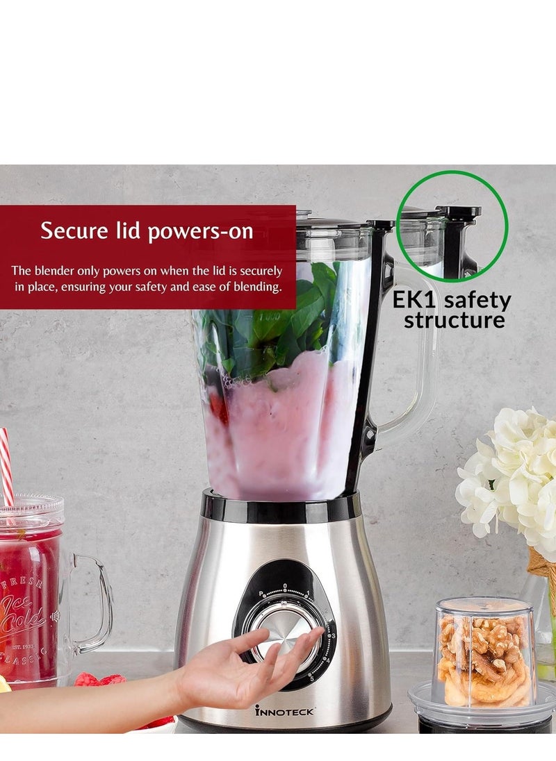 Kitchen Pro 1.5L Speed Blender – 500W, 5-Speed, Glass Jar, Bean Grinder & Spice Mill Attachment