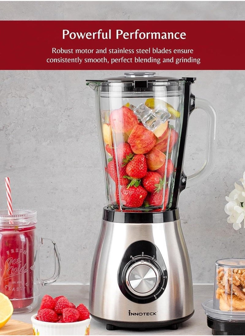 Kitchen Pro 1.5L Speed Blender – 500W, 5-Speed, Glass Jar, Bean Grinder & Spice Mill Attachment