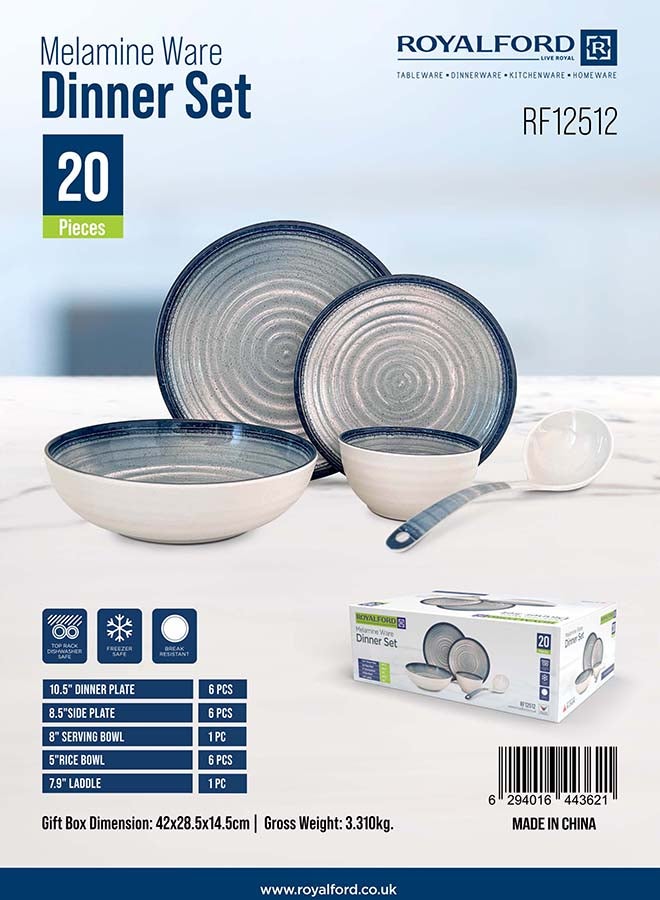 20-Piece Melamlne Dinner Set With 6X27Cm Dinner Plates, 6X22Cm Side Plates, 1X20Cm Serving Bowl, 6X13Cm Rice Bowls, 1X20Cm Ladle, Serves 6 For Everyday Use, Multicolor Multicolor 3kg