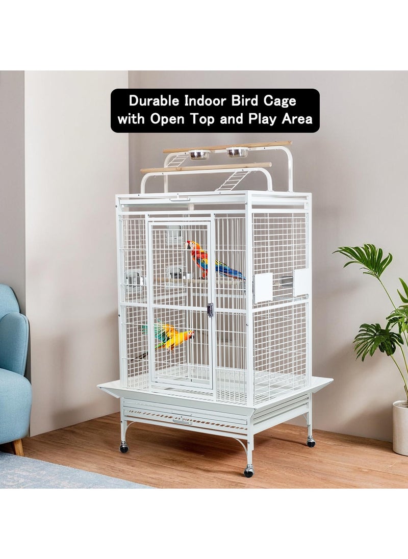 Metal bird cage with Play top and Rolling stand, Removable tray, Food bowls, and Side feeding doors, Heavy-duty bird cage for African parrot, Love bird and Medium to Large size, 162 cm (White)