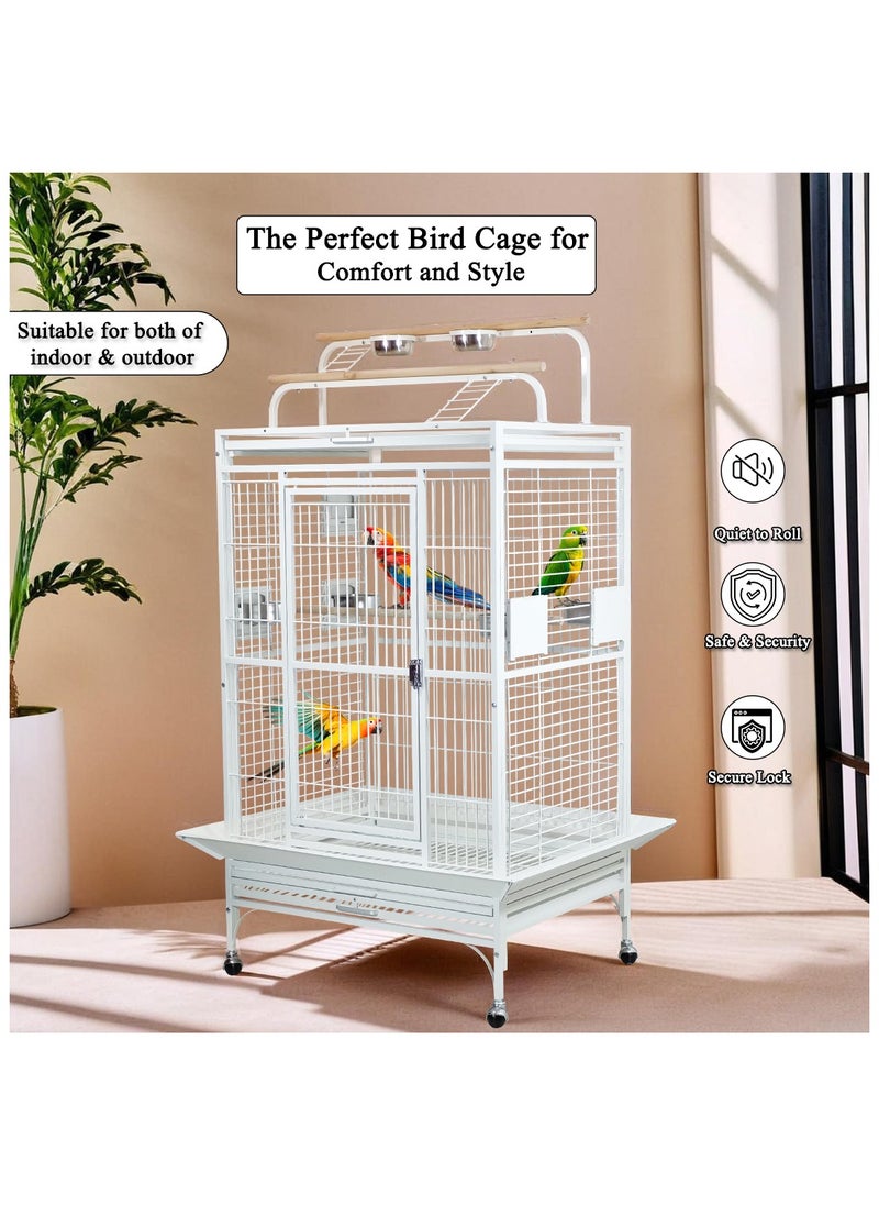 Metal bird cage with Play top and Rolling stand, Removable tray, Food bowls, and Side feeding doors, Heavy-duty bird cage for African parrot, Love bird and Medium to Large size, 162 cm (White)