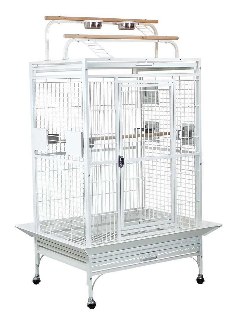 Metal bird cage with Play top and Rolling stand, Removable tray, Food bowls, and Side feeding doors, Heavy-duty bird cage for African parrot, Love bird and Medium to Large size, 162 cm (White)