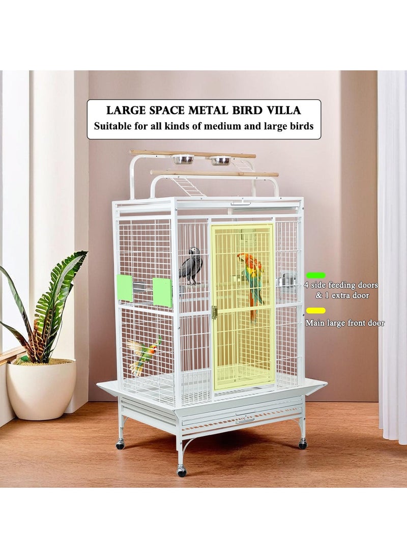 Metal bird cage with Play top and Rolling stand, Removable tray, Food bowls, and Side feeding doors, Heavy-duty bird cage for African parrot, Love bird and Medium to Large size, 162 cm (White)