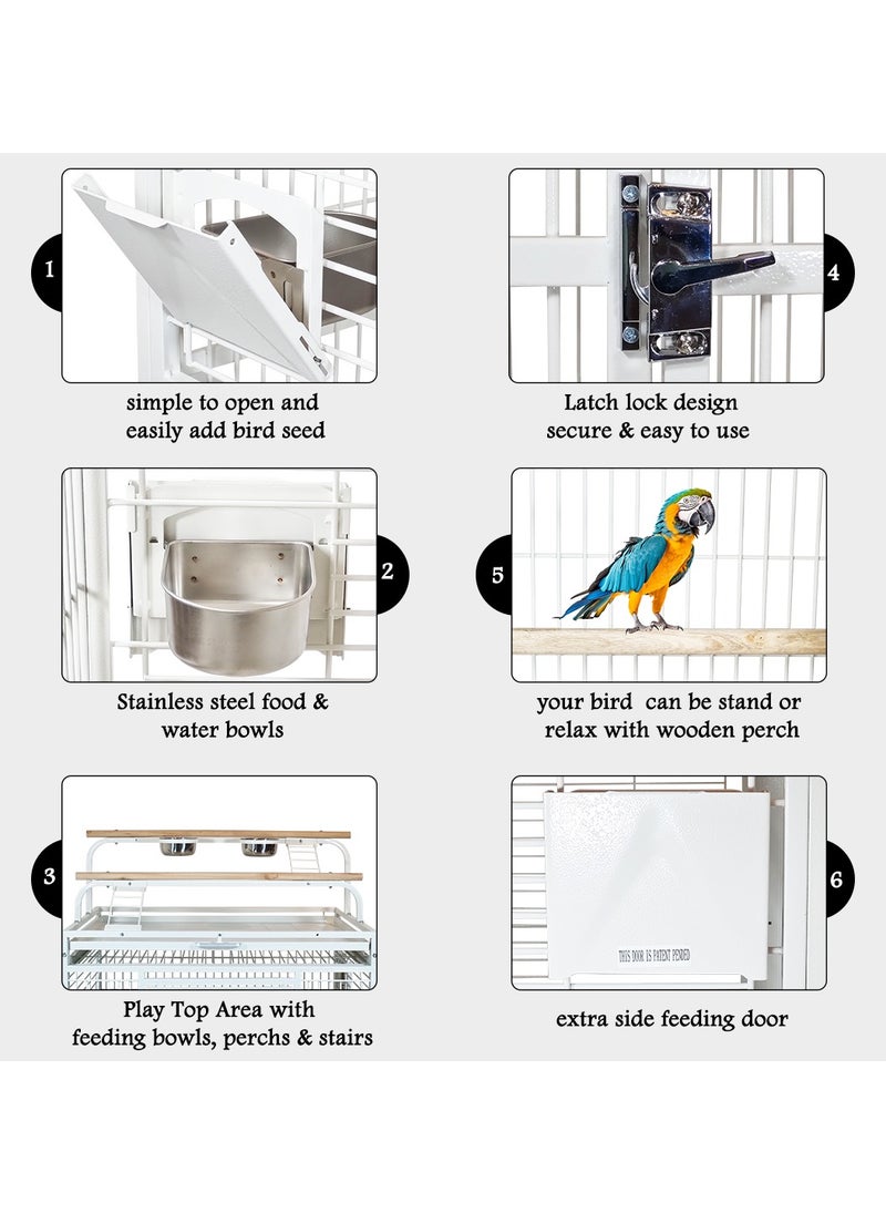 Metal bird cage with Play top and Rolling stand, Removable tray, Food bowls, and Side feeding doors, Heavy-duty bird cage for African parrot, Love bird and Medium to Large size, 162 cm (White)