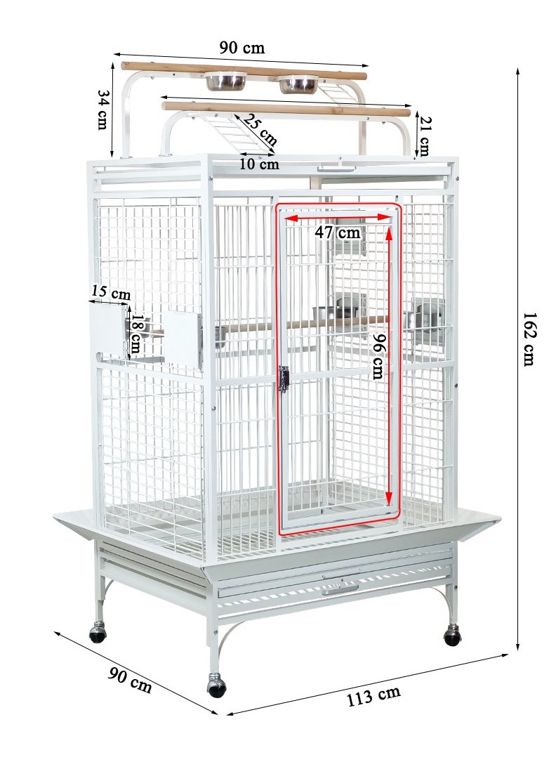 Metal bird cage with Play top and Rolling stand, Removable tray, Food bowls, and Side feeding doors, Heavy-duty bird cage for African parrot, Love bird and Medium to Large size, 162 cm (White)