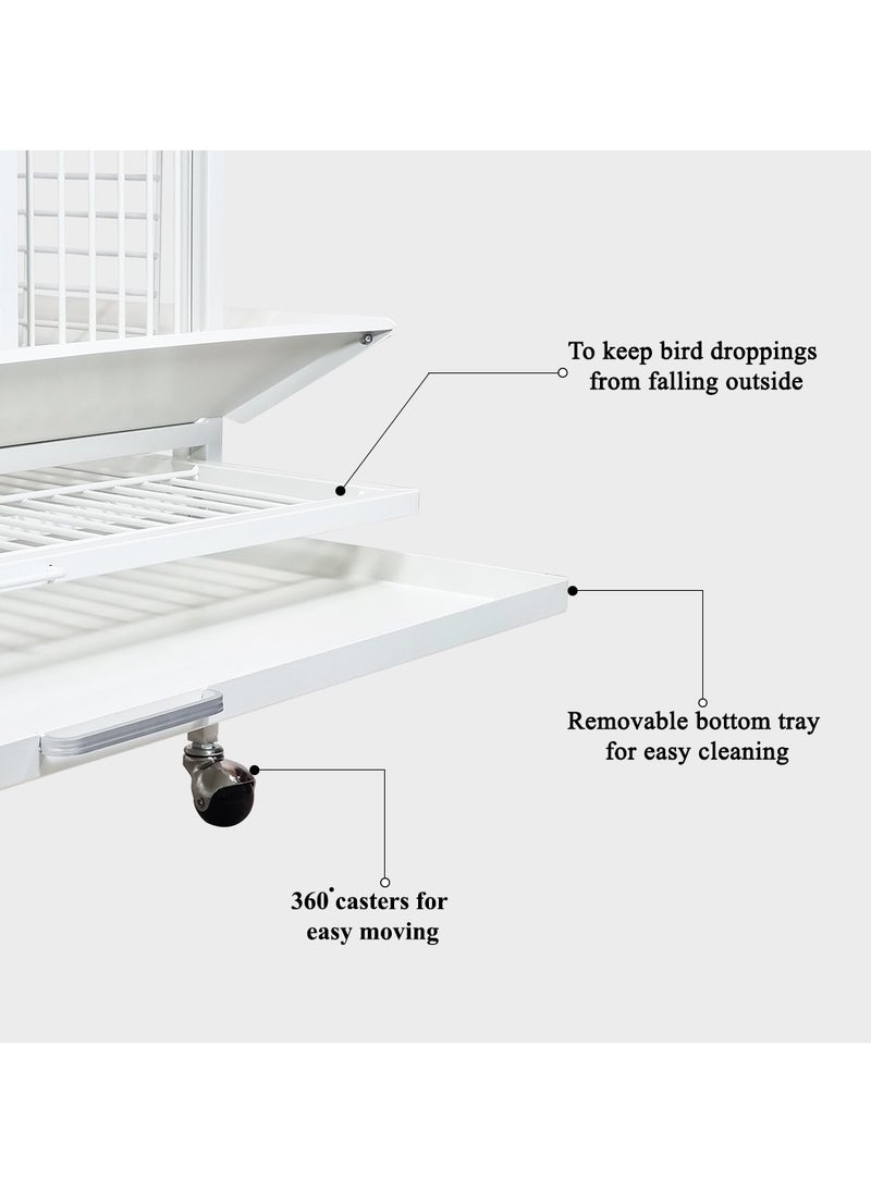 Metal bird cage with Play top and Rolling stand, Removable tray, Food bowls, and Side feeding doors, Heavy-duty bird cage for African parrot, Love bird and Medium to Large size, 162 cm (White)