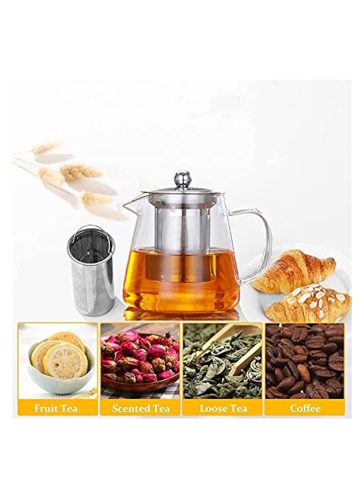 950ml Glass Teapot with Infuser, Borosilicate Glass Tea Kettle for Loose Leaf Tea, Transparent Teapot with Stainless Steel Removable Infuser