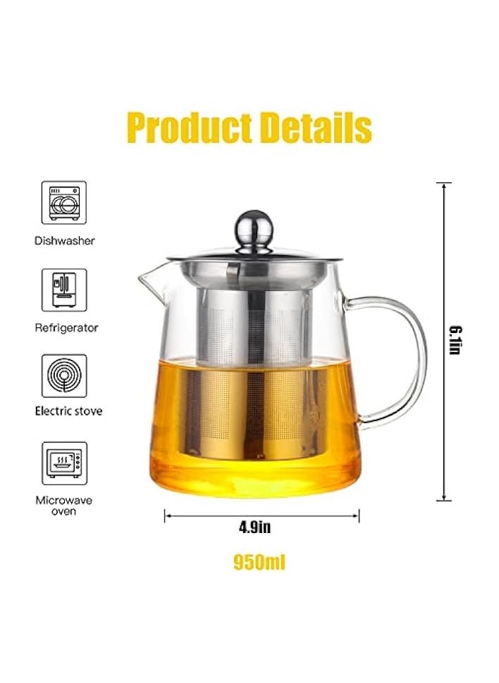 950ml Glass Teapot with Infuser, Borosilicate Glass Tea Kettle for Loose Leaf Tea, Transparent Teapot with Stainless Steel Removable Infuser