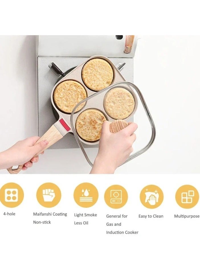 Cooking Pan, 4 Hole Omelet Pan With Lid, Durable And Safe Nonstick Egg Frying Pan, Easy To Clean Breakfast Cookware Pan With Heat Resistant Handle, (1pc, White)