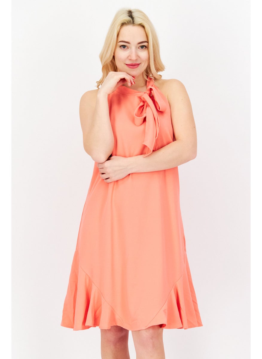 Women Halter Godet Mini Dress, Coral