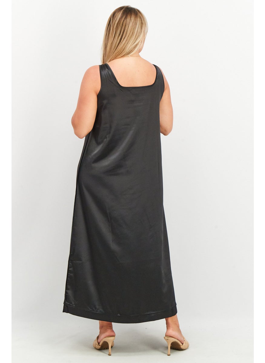 Women Plain Satin Maxi Dress, Black