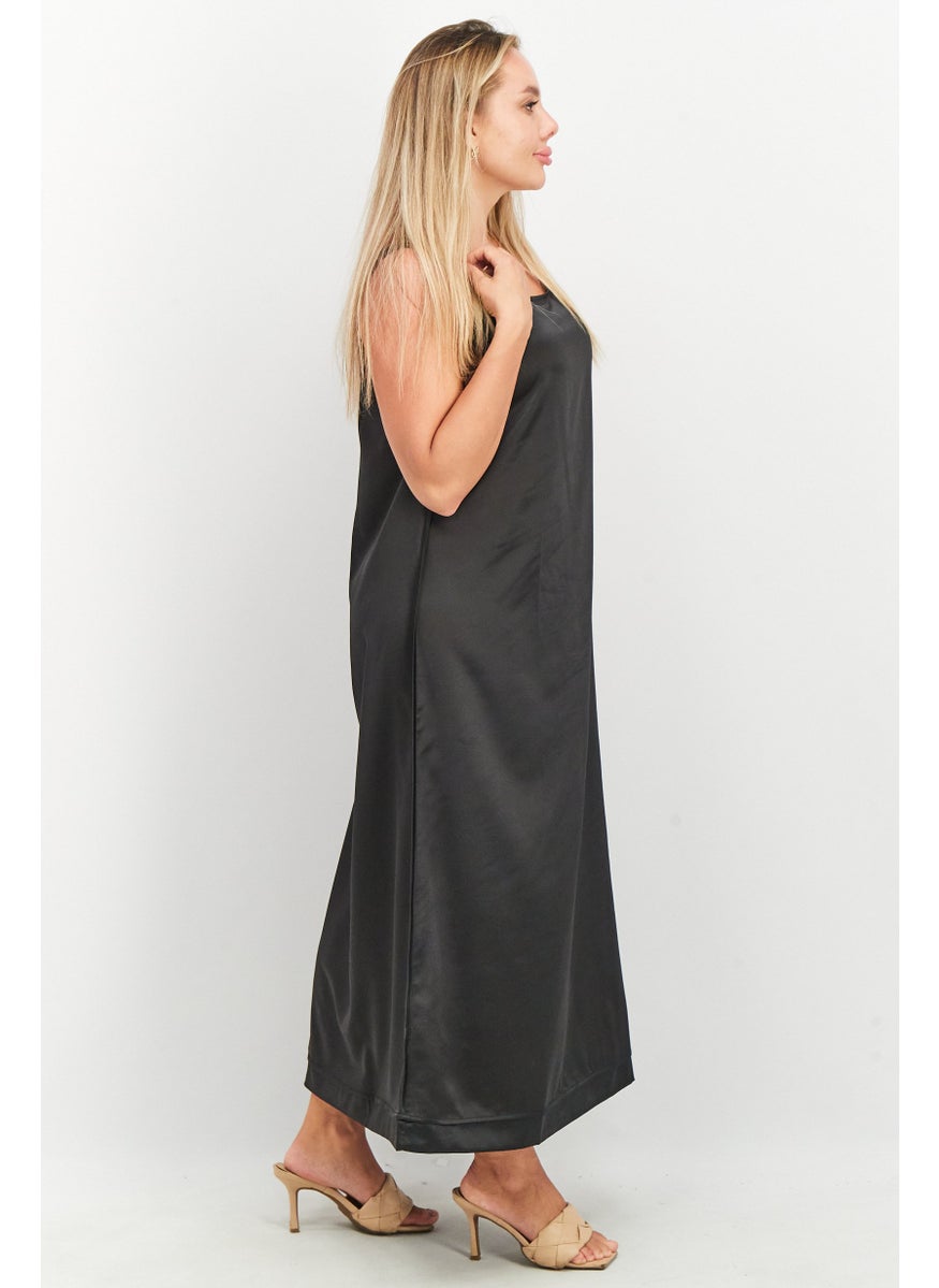 Women Plain Satin Maxi Dress, Black