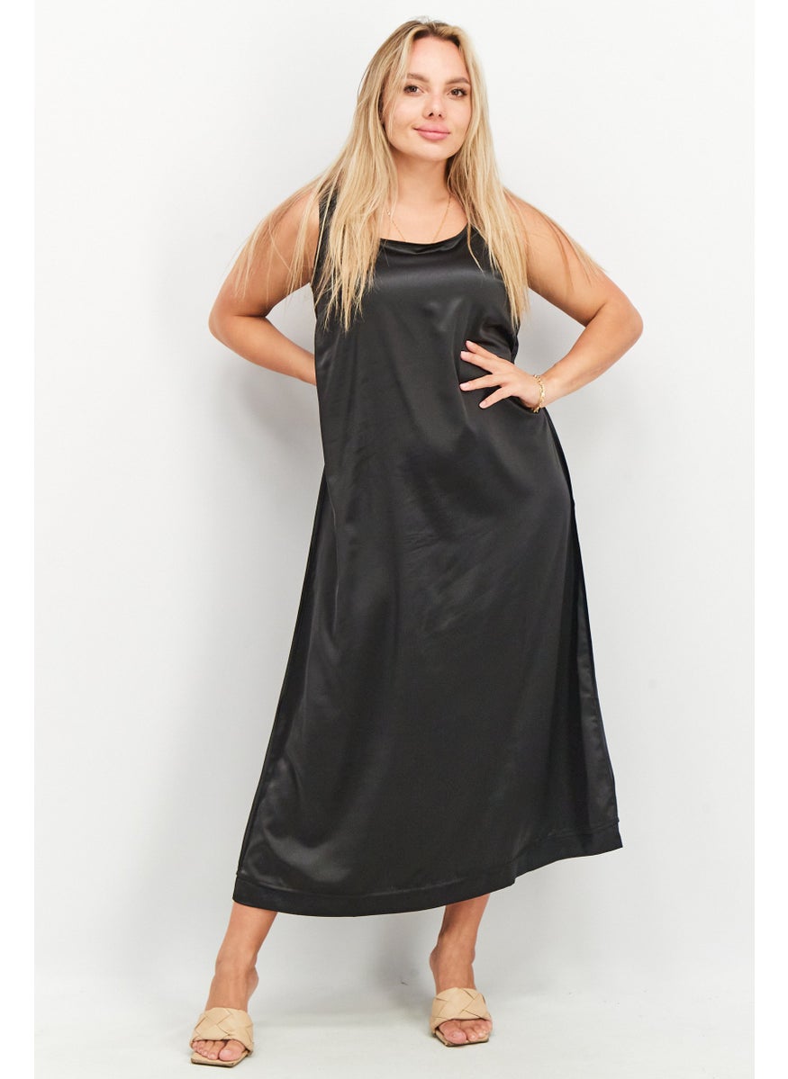 Women Plain Satin Maxi Dress, Black