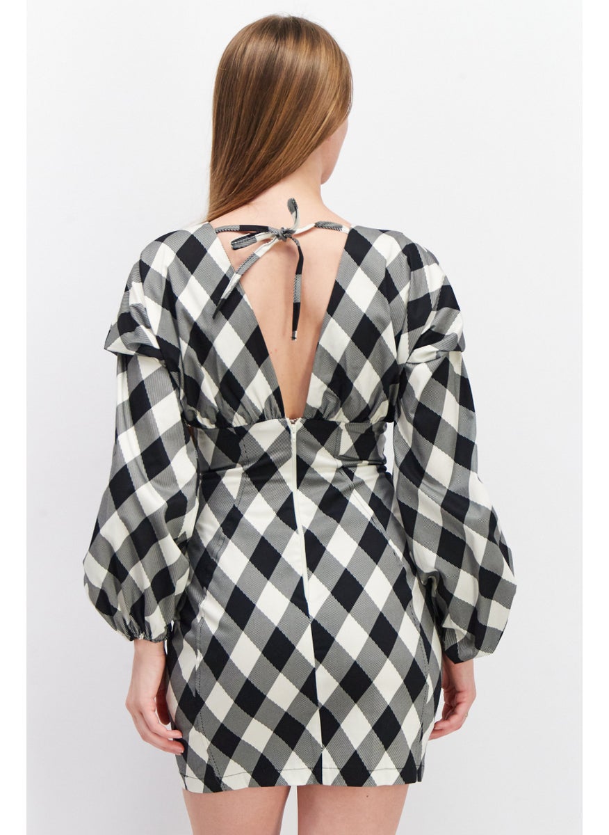 Women Checkered Long Sleeve Mini Dress, White