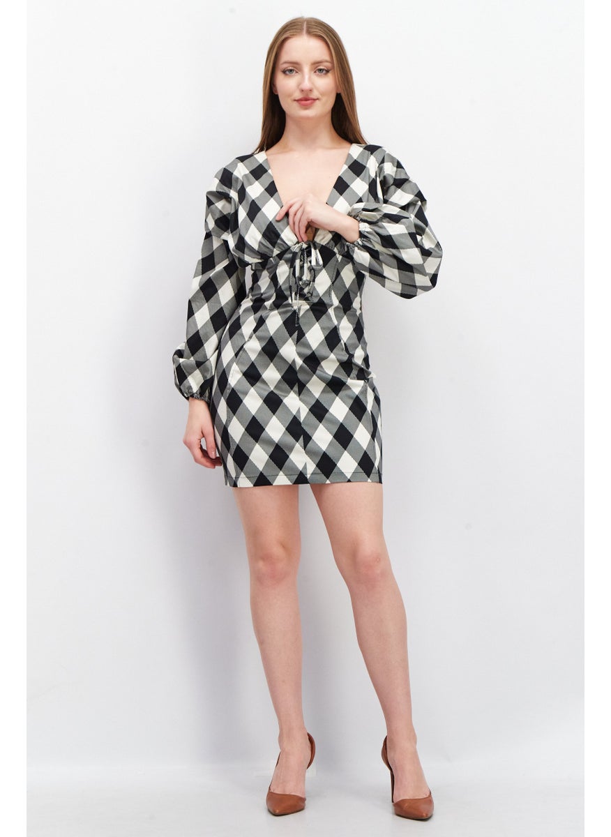 Women Checkered Long Sleeve Mini Dress, White