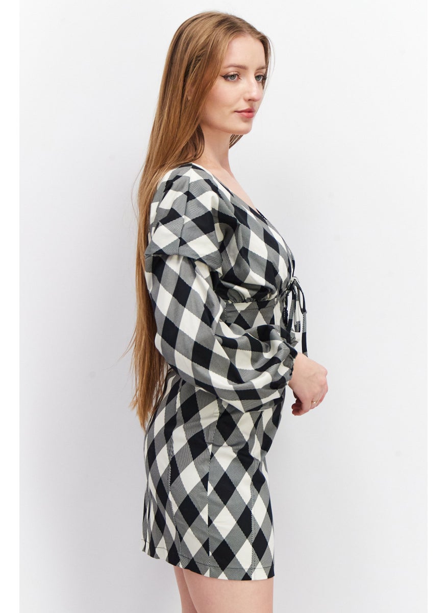 Women Checkered Long Sleeve Mini Dress, White