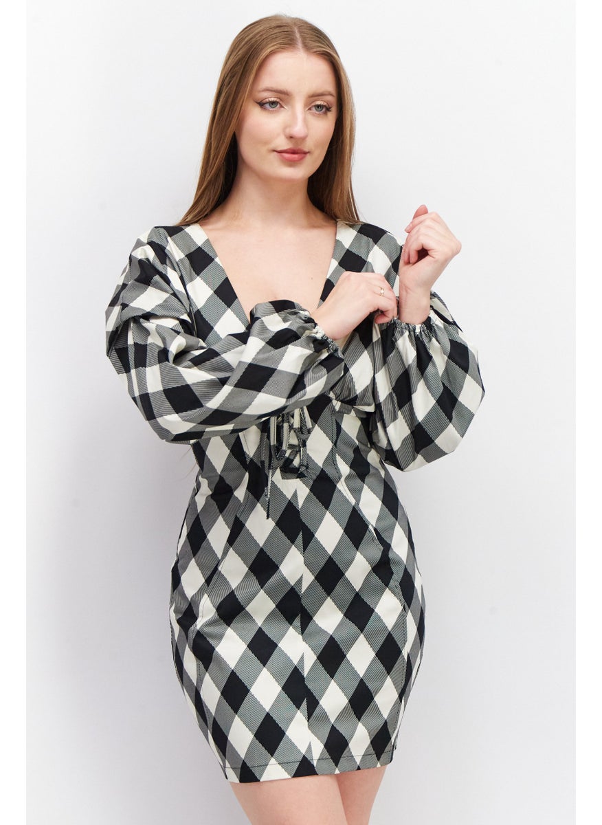 Women Checkered Long Sleeve Mini Dress, White