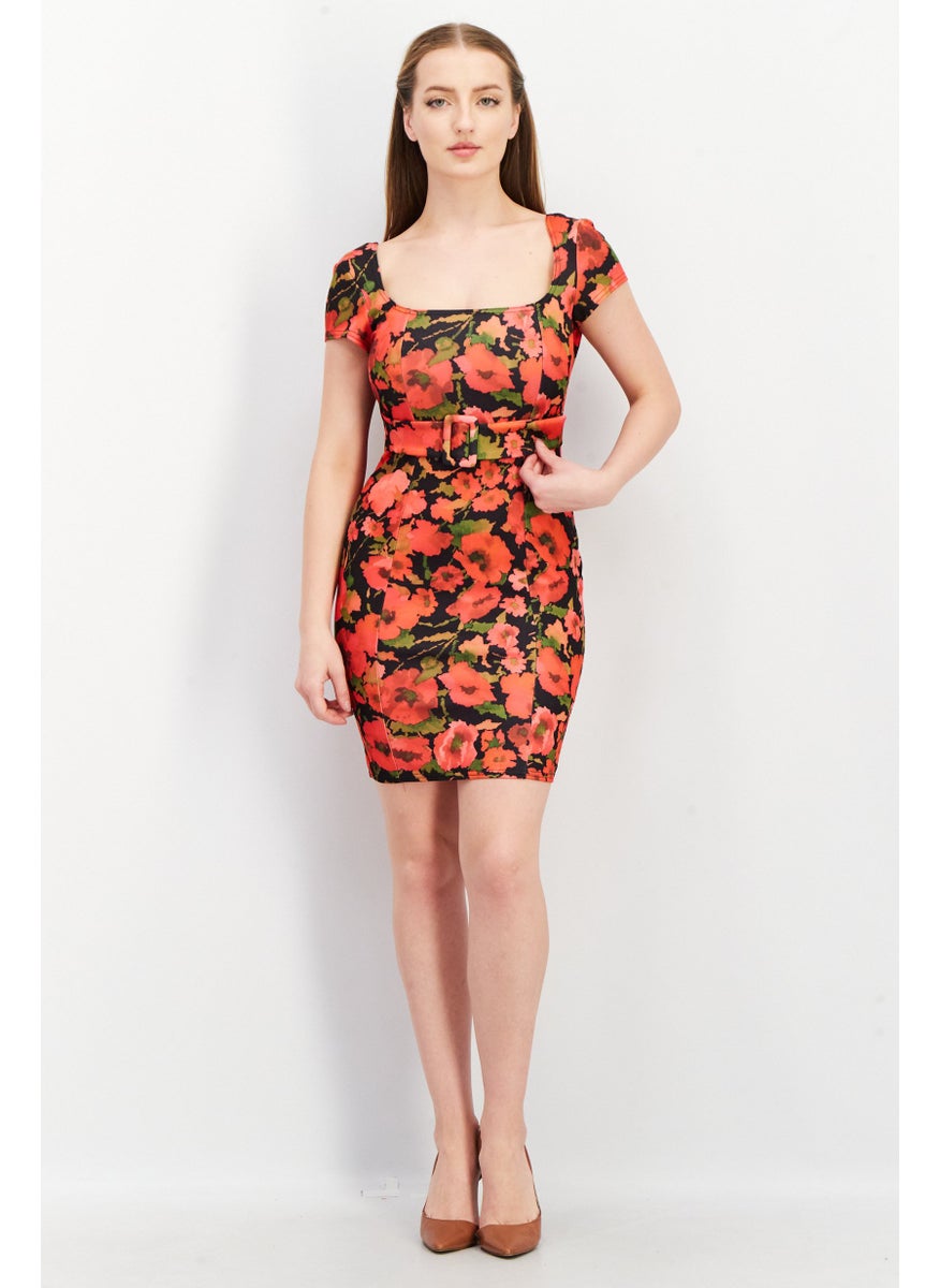 Women Allover Print Short Sleeve Belted Bodycon Dress, Red Combo