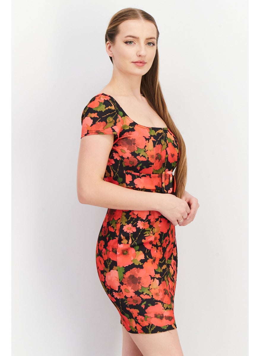 Women Allover Print Short Sleeve Belted Bodycon Dress, Red Combo