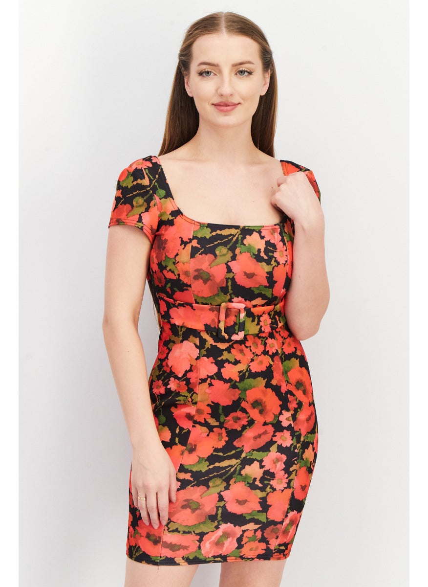 Women Allover Print Short Sleeve Belted Bodycon Dress, Red Combo